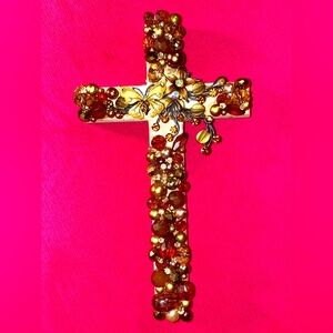 Artisanal Wood ✝️of Repurposed Jewelry with Rhinestones, Brown & gold colors